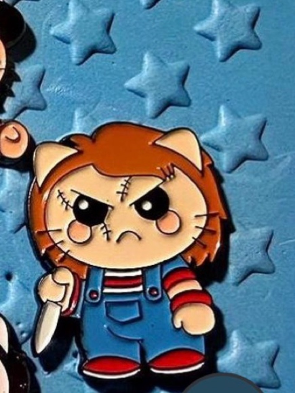 Chucky-Inspired Enamel Pin - Blue Overalls & Red Stripes